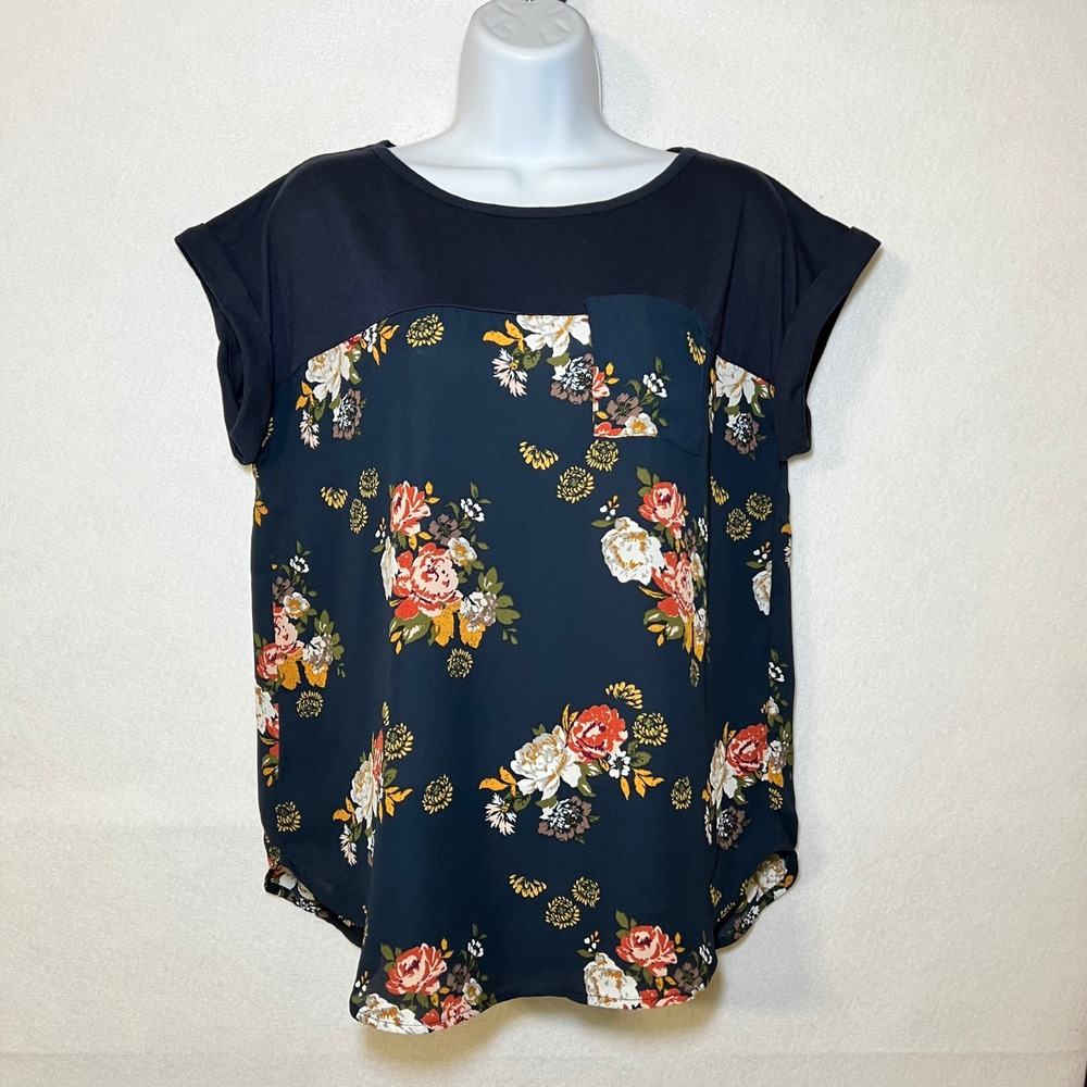 Mason & Belle Bohemian Lagenlook Cottage Layering Navy Floral Short Sleeve Top M
